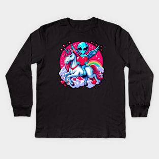 Funny Valentine Day Believer Ufo Alien Riding Unicorn Kids Long Sleeve T-Shirt